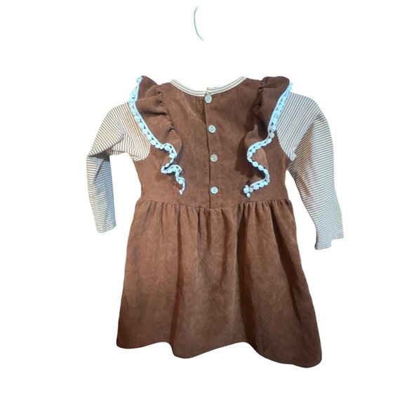 Brown Corduroy Toddler Dress 5 With Striped Sleeves & Tractor Pocket Design By M - Picture 4 of 4